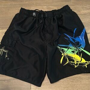 Guy Harvey Blue and Black Swim Board Shorts with Dynamic Fish Design
